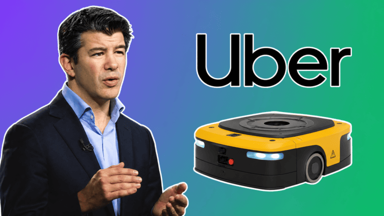 Travis Kalanick with an industrial robot and the Uber logo, AI news Kalanick robotics cover
