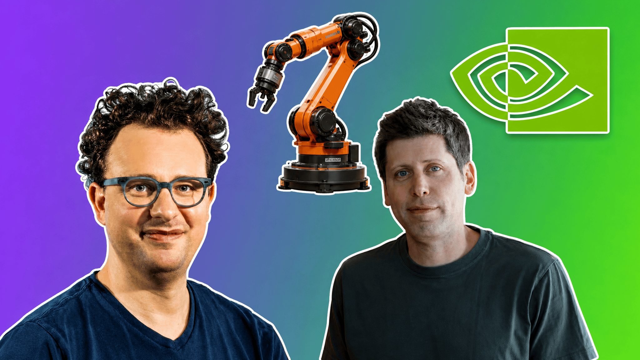 Dario Amodei, Sam Altman, an industrial robot arm and the NVIDIA logo on a purple to green gradient, AI news Week 30 cover