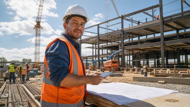 Gerente de obra usando un agente de voz con IA en una construcción