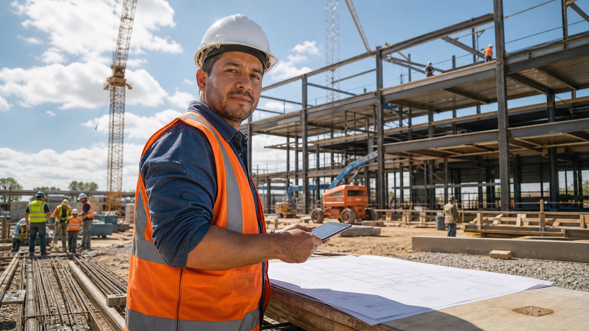 Gerente de obra usando un agente de voz con IA en una construcción
