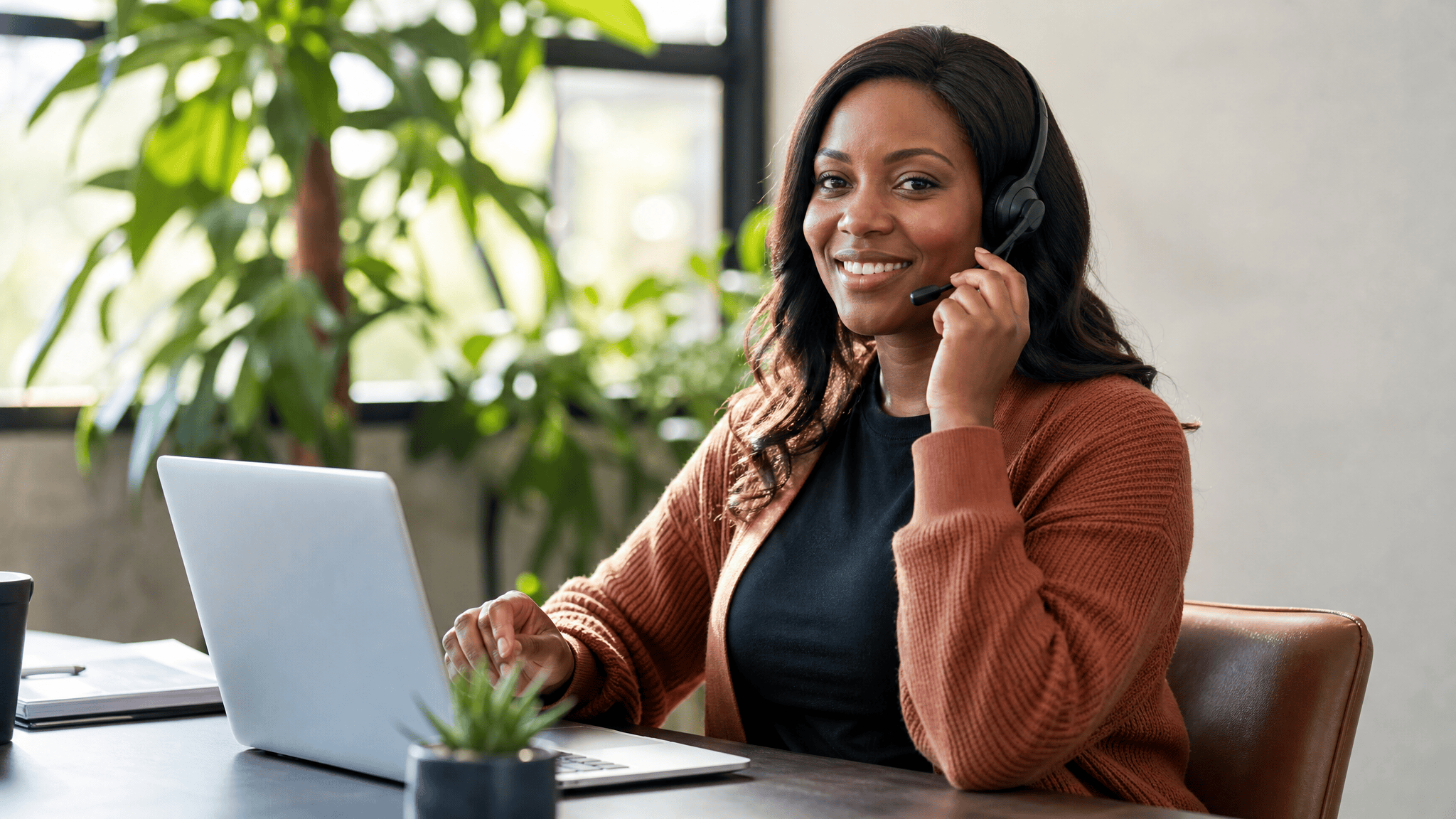 AI call agent software specialist taking a business call on a headset in a bright office
