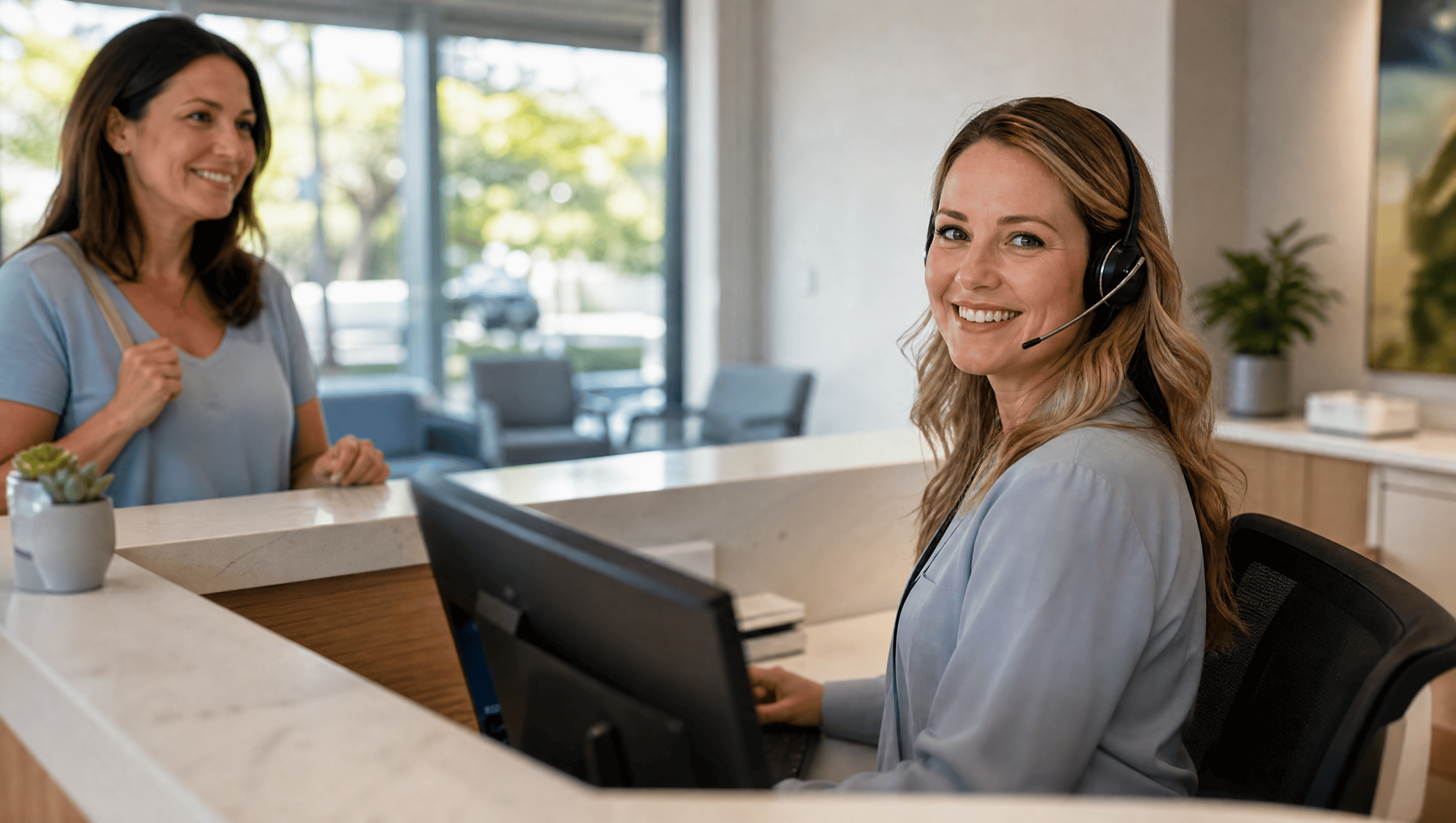 Dental front desk using an AI receptionist to answer a patient call