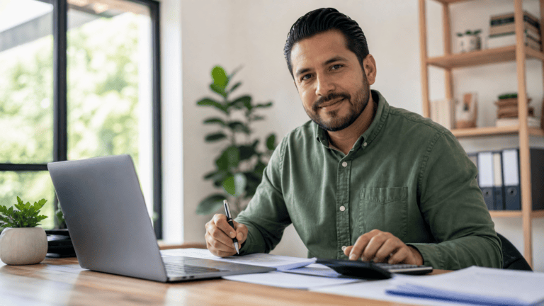 Accountant using AI tools at a desk with a laptop and calculator