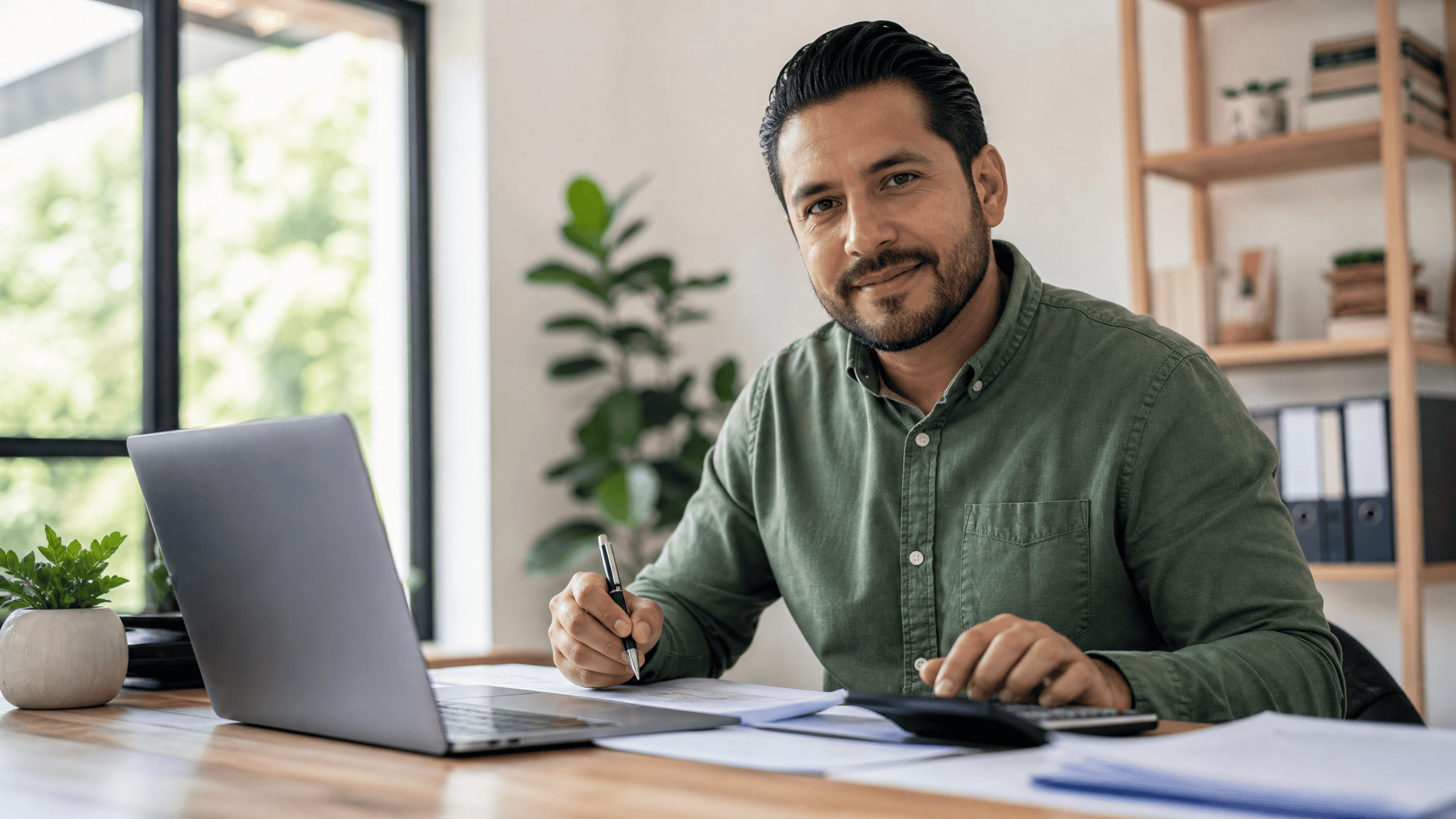 Accountant using AI tools at a desk with a laptop and calculator