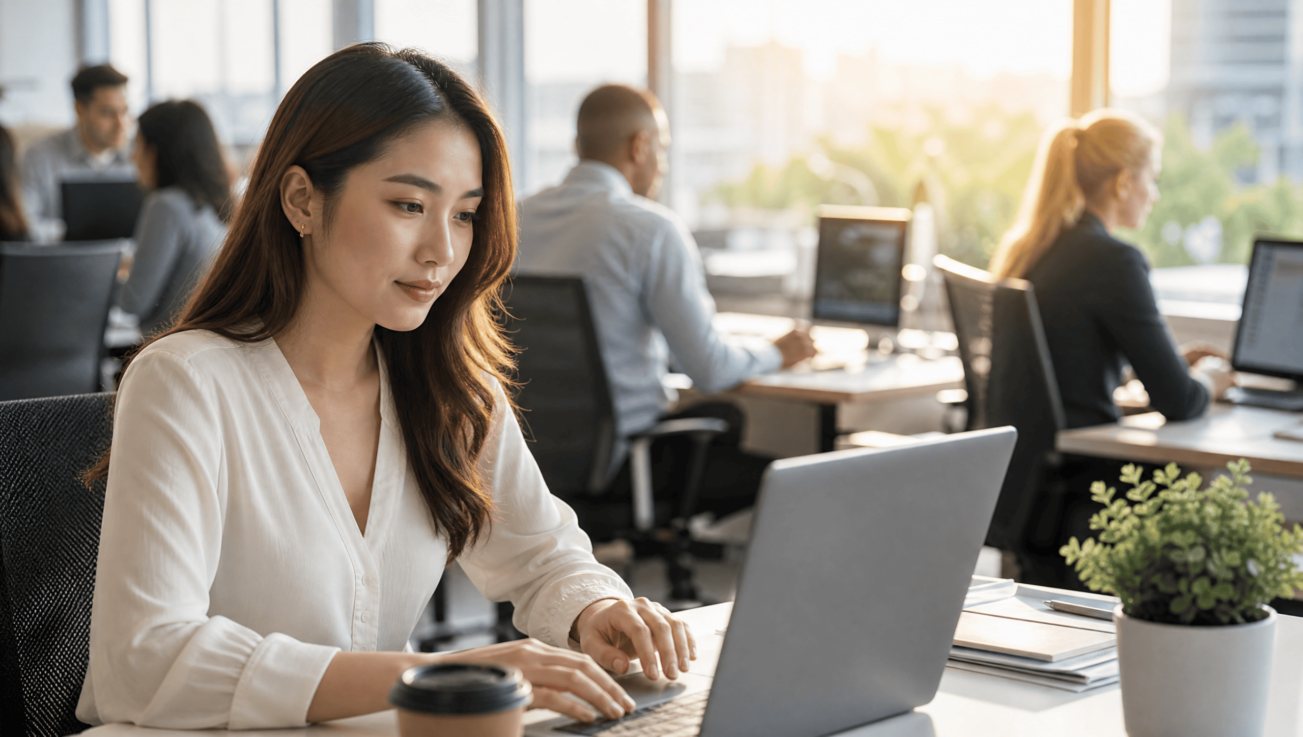 Sales team working at laptops in a modern office
