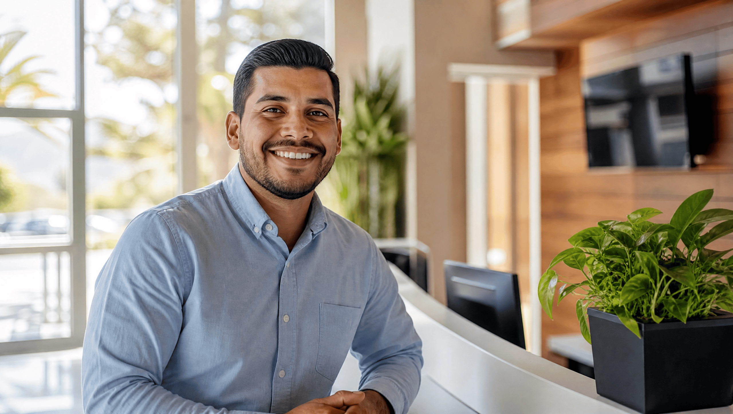 AI receptionist service agent answering a business call at a bright front desk