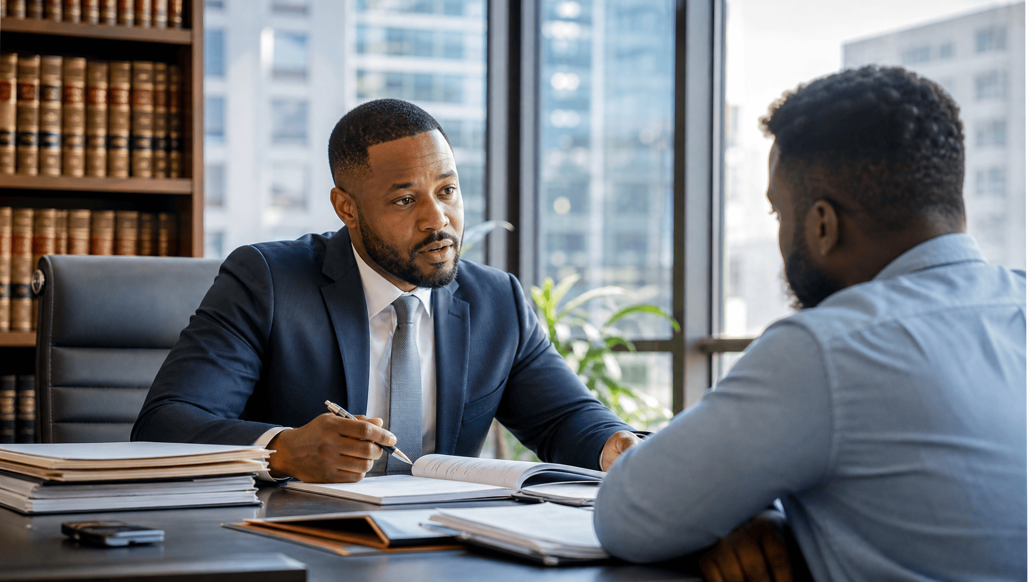 Lawyer reviewing a case with a client in a law office