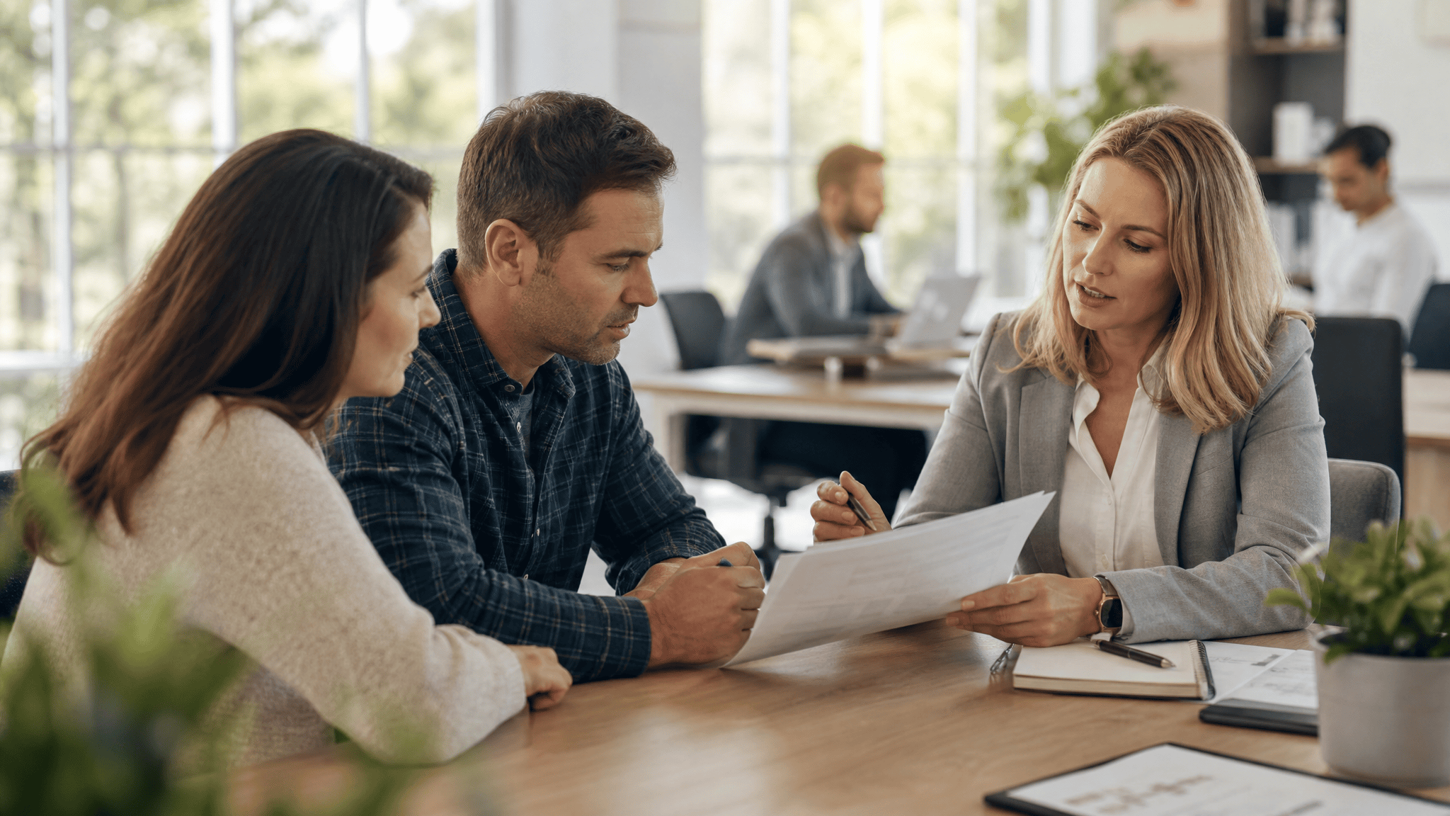 Insurance agent reviewing documents with clients