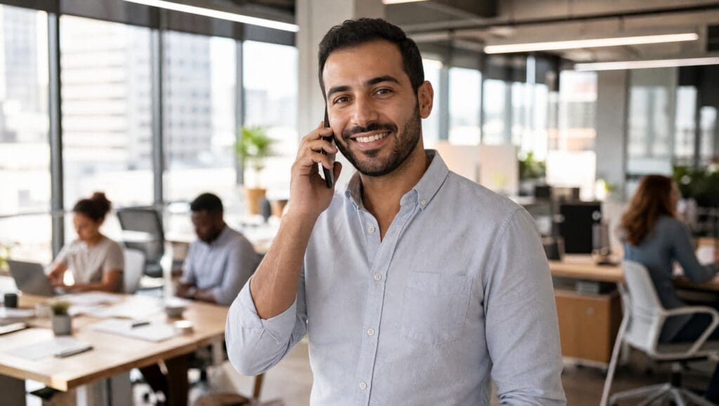 Sales professional on a call using an AI voice agent for lead qualification