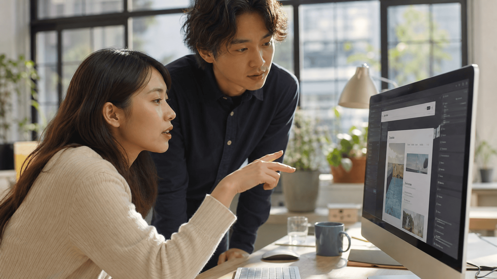 Two developers building a website on a monitor