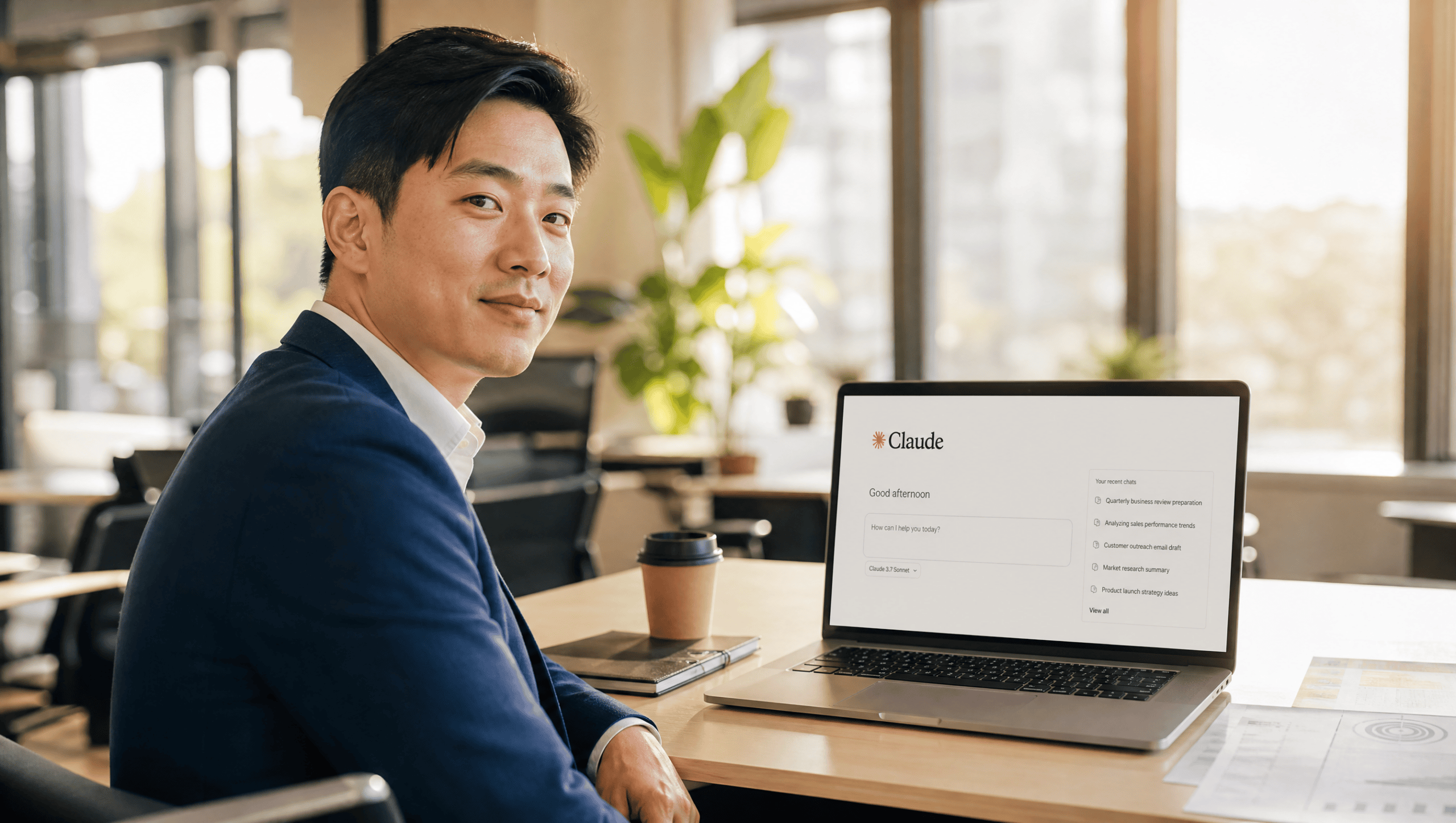 Sales rep using Claude AI prompts to write a cold email on a laptop