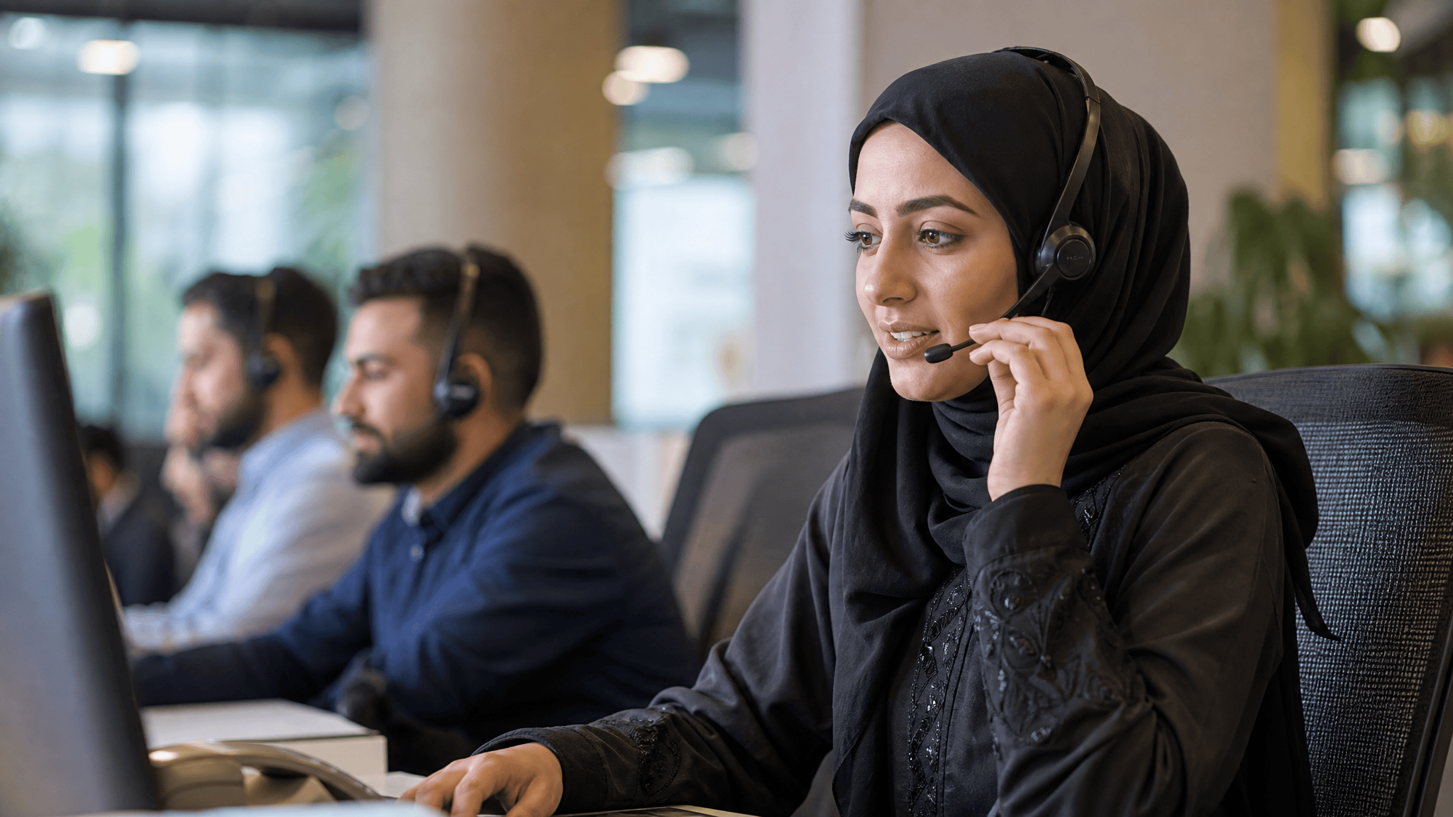 Grupo de agentes con auriculares en un call center