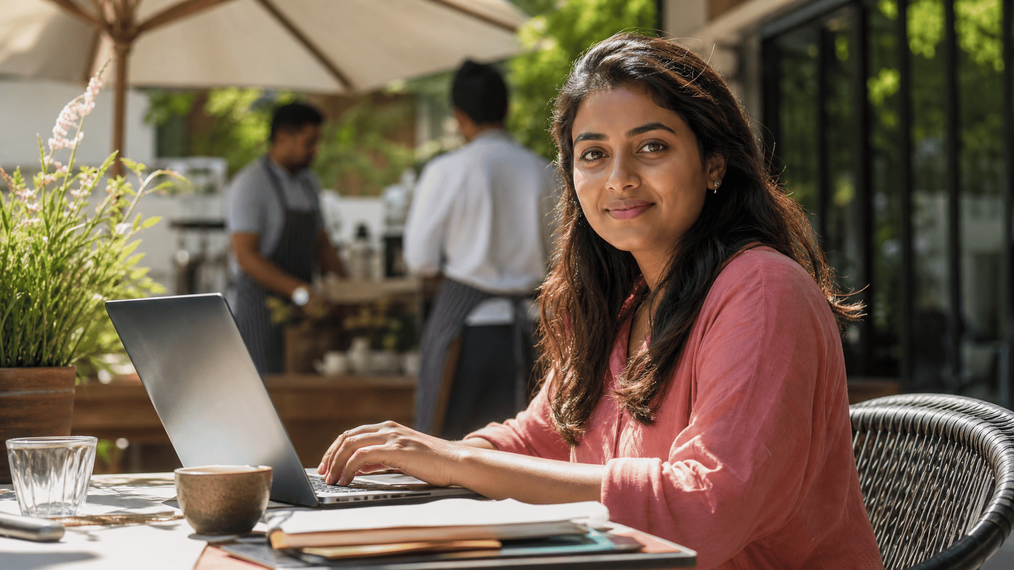 Small business owner using conversational AI on a laptop at a cafe