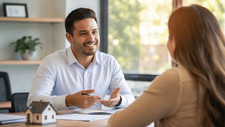 Agente de seguros usando frases para vender seguros y cerrar una póliza con un cliente