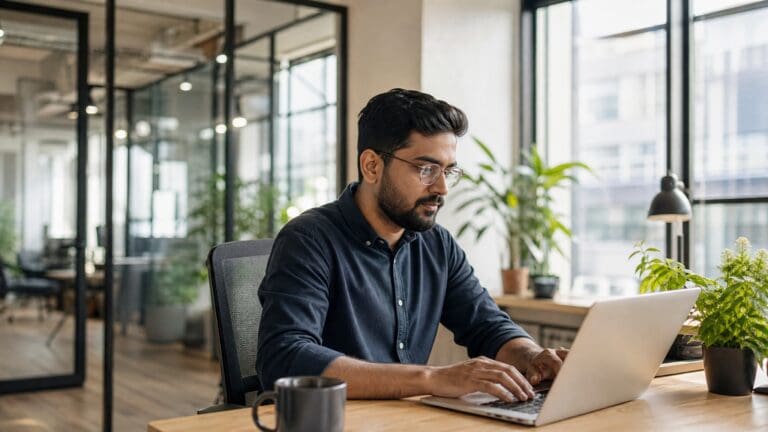 Product manager de SaaS usando IA para calificar leads en su laptop