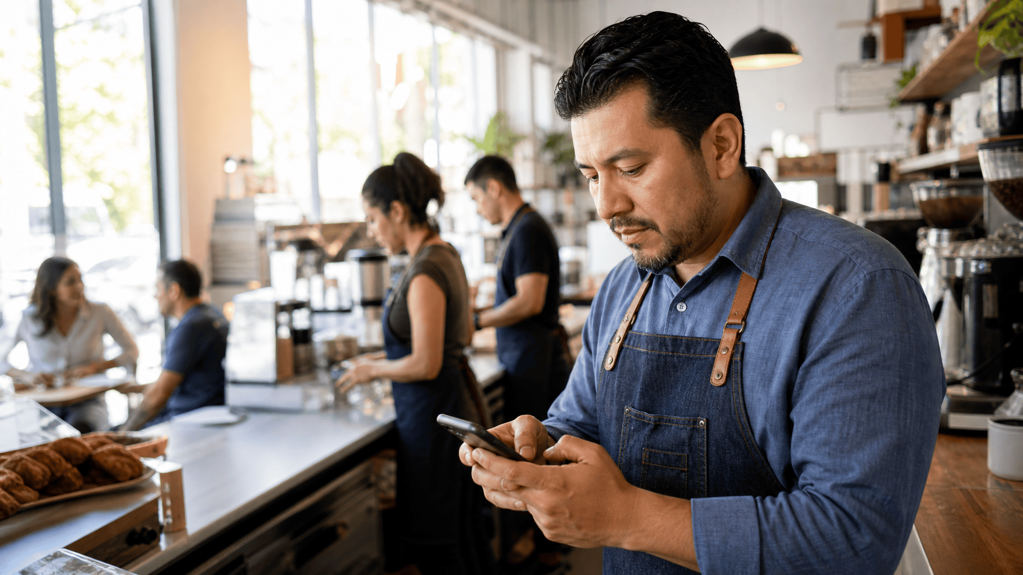 Dueno de cafe usando el celular detras del mostrador