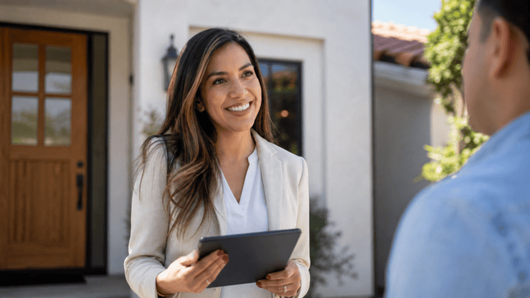 Asesora inmobiliaria usando un CRM inmobiliario con IA