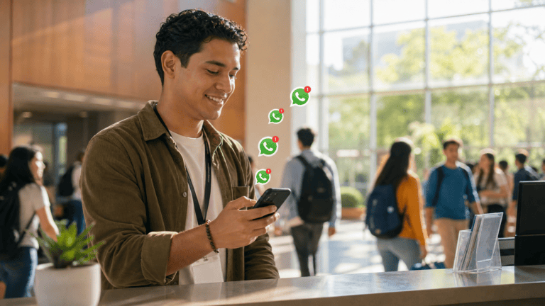 Asesor de admisiones respondiendo a un aspirante universitario por WhatsApp