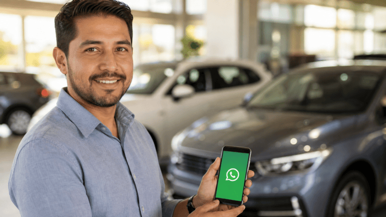 Vendedor usando mensajes de WhatsApp para vender autos en un concesionario