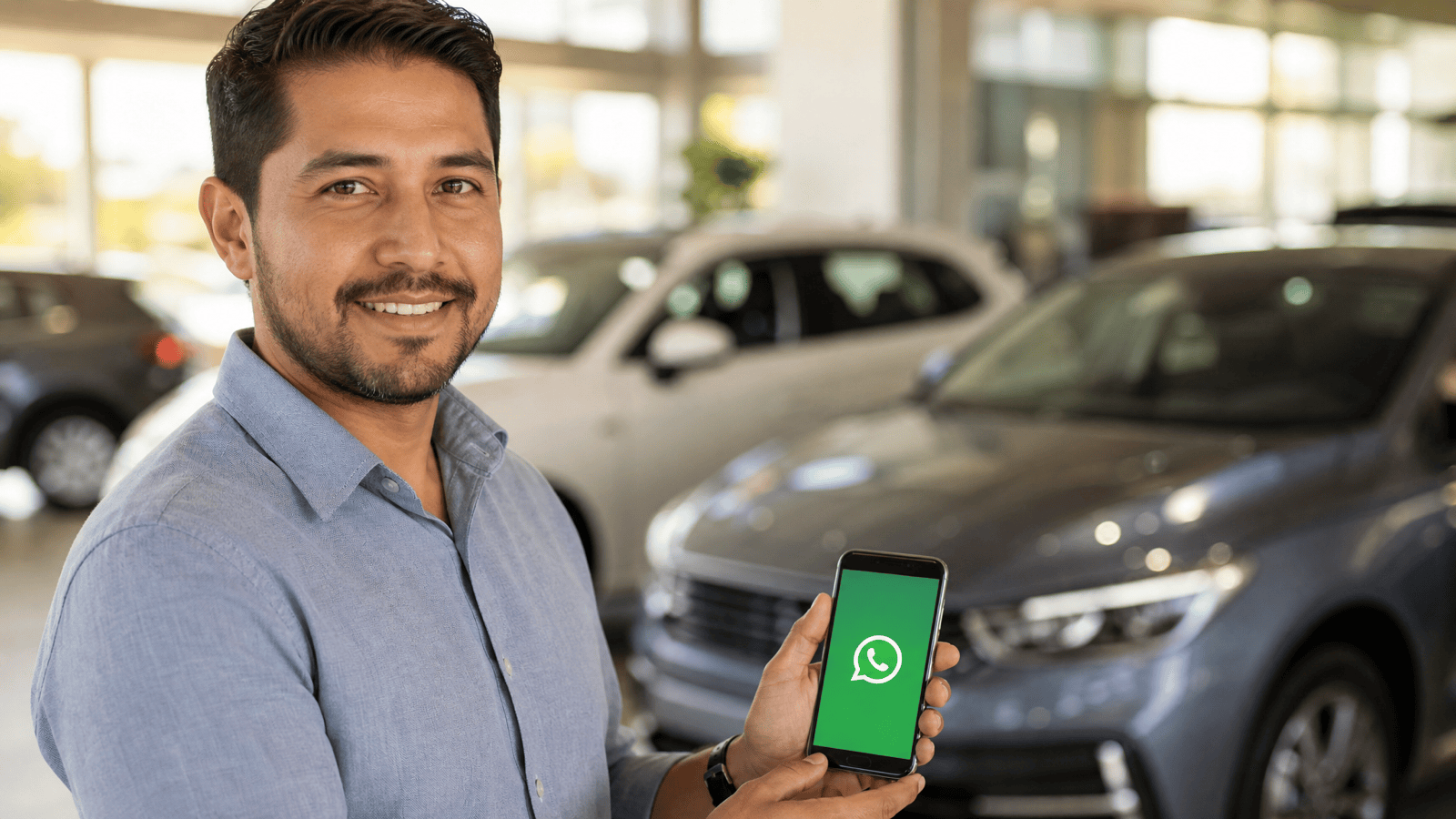 Vendedor usando mensajes de WhatsApp para vender autos en un concesionario