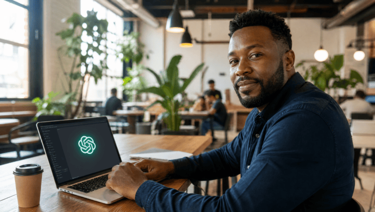 Vendedor usando prompts de ChatGPT para ventas en su laptop