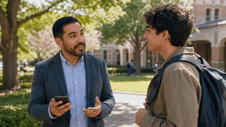 Asesor de admisiones usa scripts de admisiones para universidades en una llamada