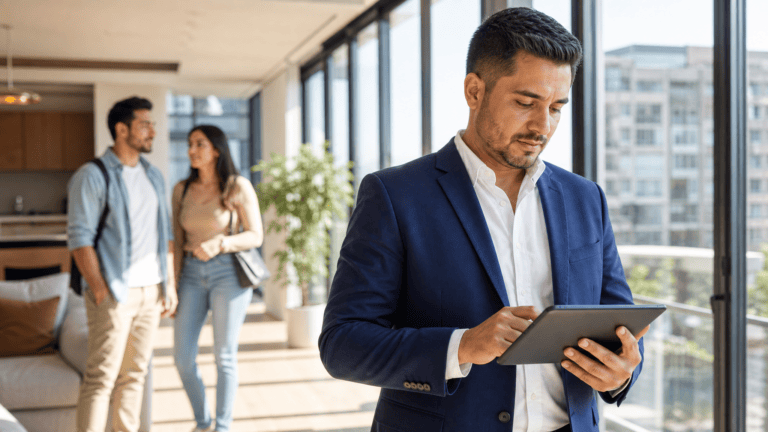 Asesor inmobiliario usando un software inmobiliario con IA