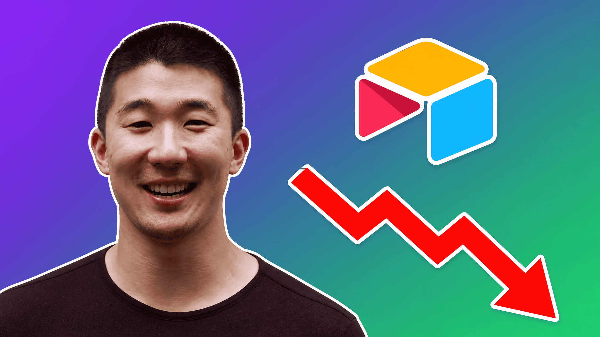 Airtable CEO Howie Liu with the Airtable logo and a downward red arrow over a purple to green gradient