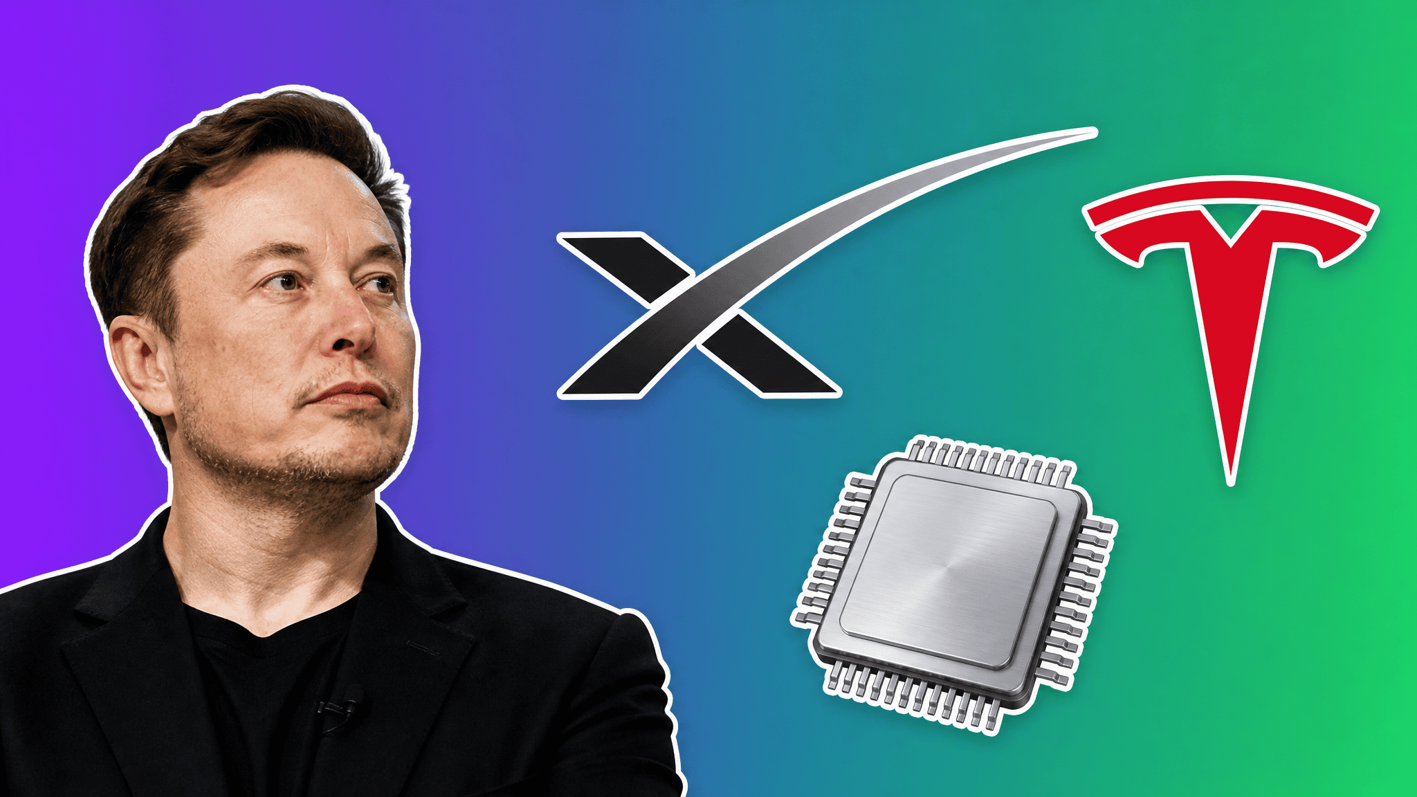 Elon Musk with the SpaceX and Tesla logos and a microchip over a purple to green gradient