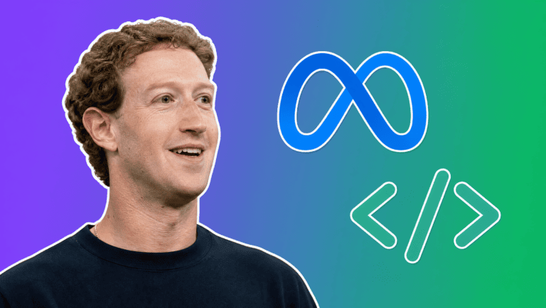 Mark Zuckerberg with the Meta logo and a code symbol over a purple to green gradient