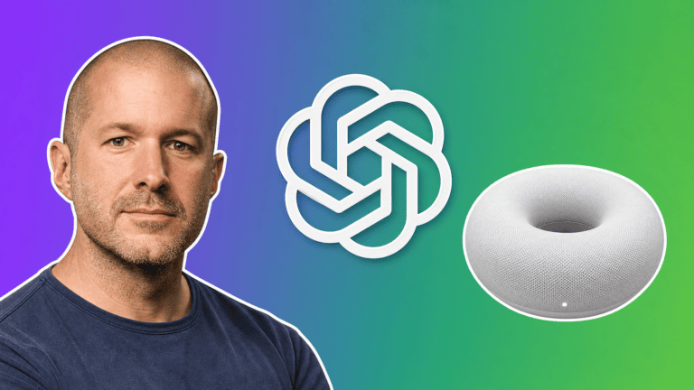 Jony Ive with the OpenAI logo and a donut shaped speaker over a purple to green gradient