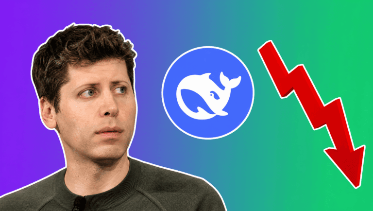 Sam Altman with the DeepSeek logo and a downward red arrow over a purple to green gradient