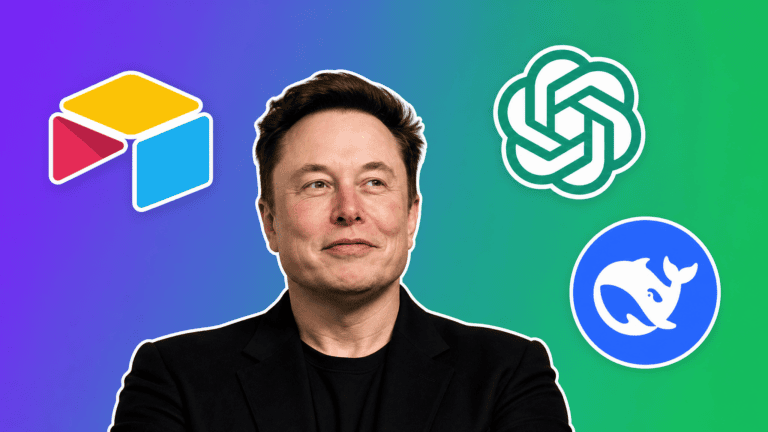 Elon Musk with the Airtable, OpenAI and DeepSeek logos over a purple to green gradient, AI Insider Week 32 cover