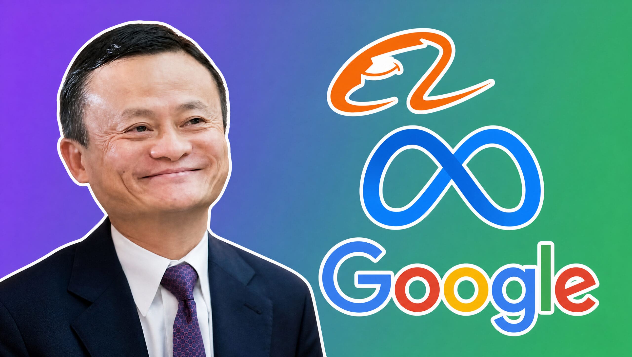 Jack Ma with the Alibaba, Meta and Google logos over a purple to green gradient, AI Insider Week 34