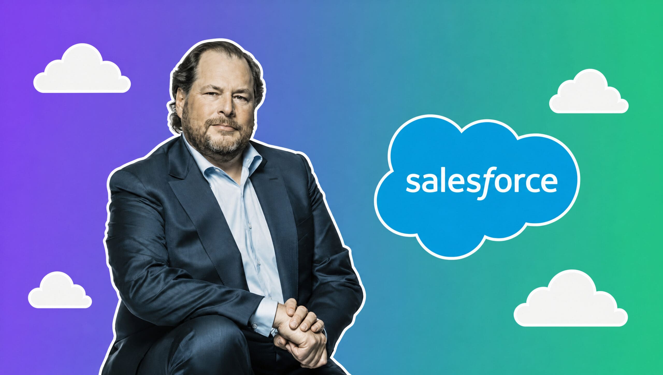 Marc Benioff with the Salesforce logo over a purple to green gradient, AI Insider Week 34