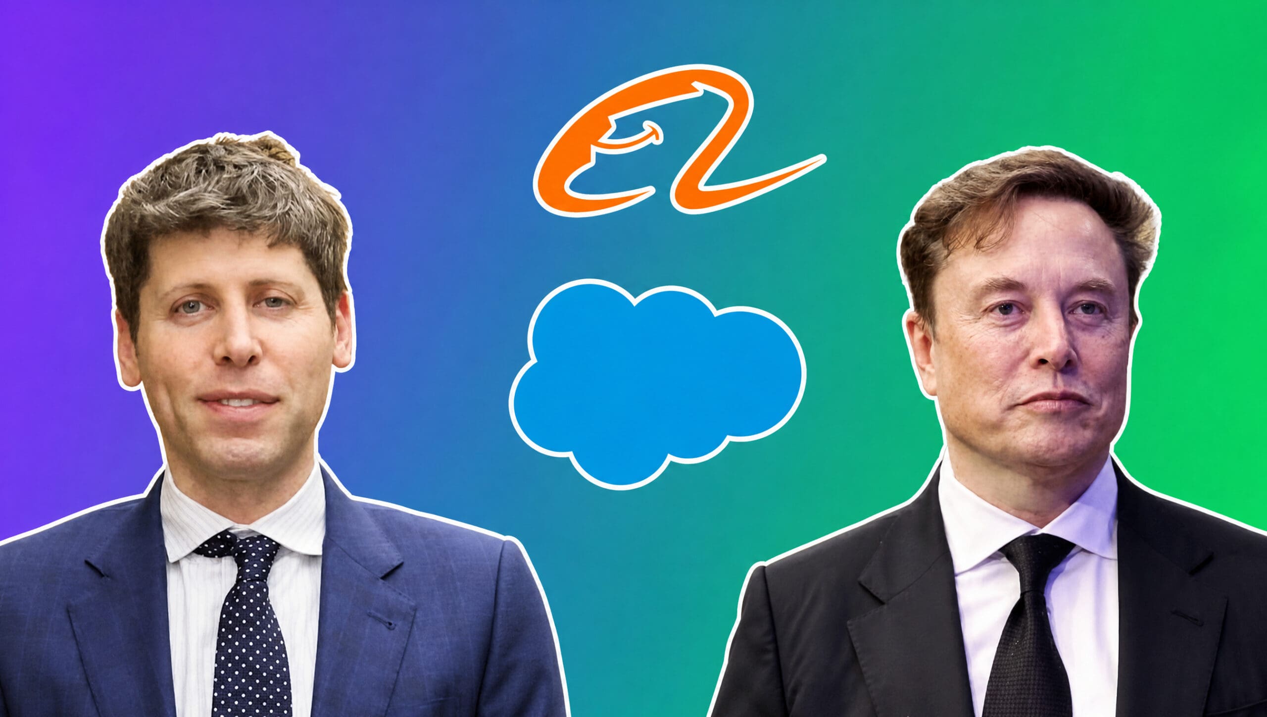Sam Altman and Elon Musk with the Alibaba and Salesforce logos over a purple to green gradient, AI Insider Week 34 cover