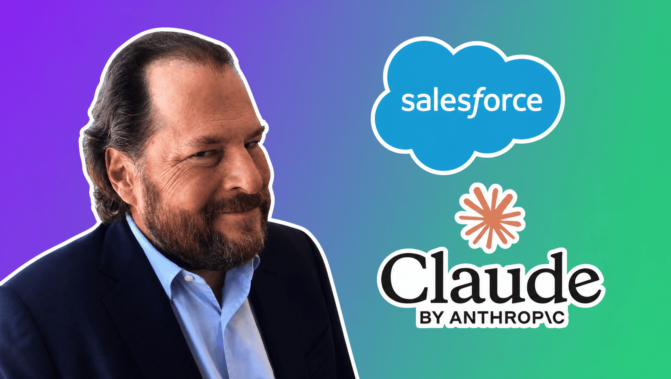 Marc Benioff with the Salesforce and Claude logos over a purple to green gradient, AI Insider Week 35