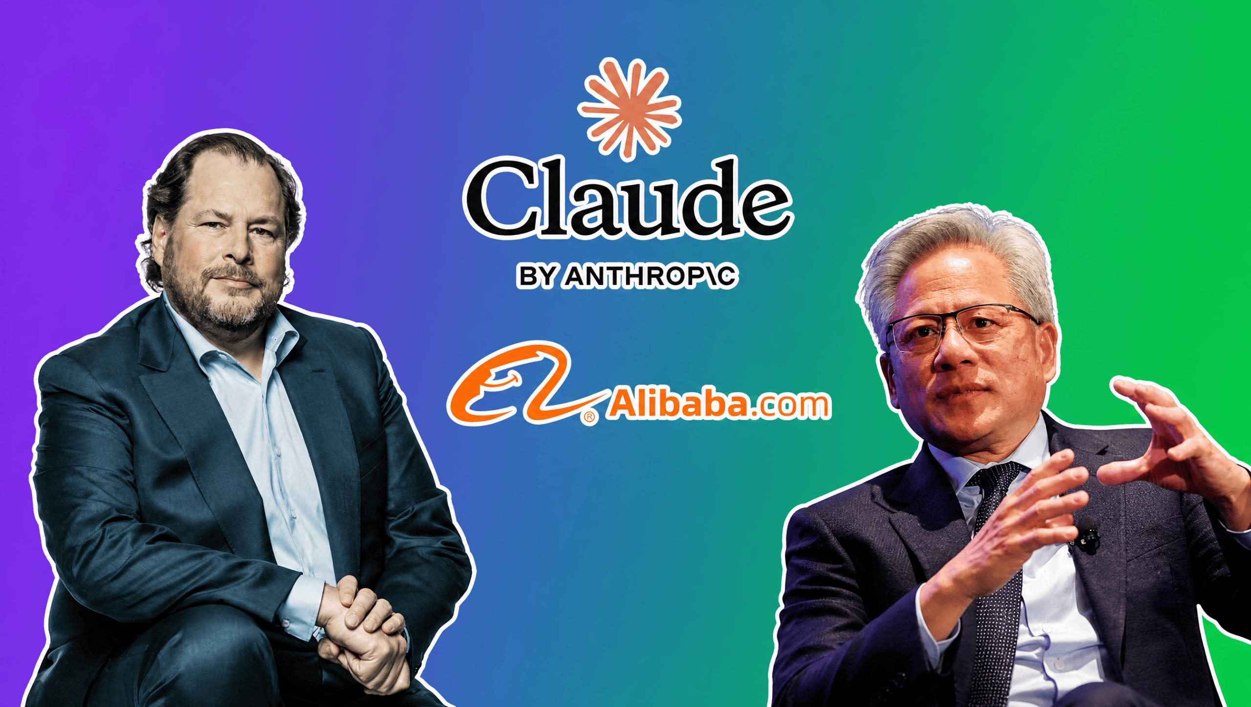 Marc Benioff, Jensen Huang, Claude and Alibaba logos over a purple to green gradient, AI Insider Week 35 cover