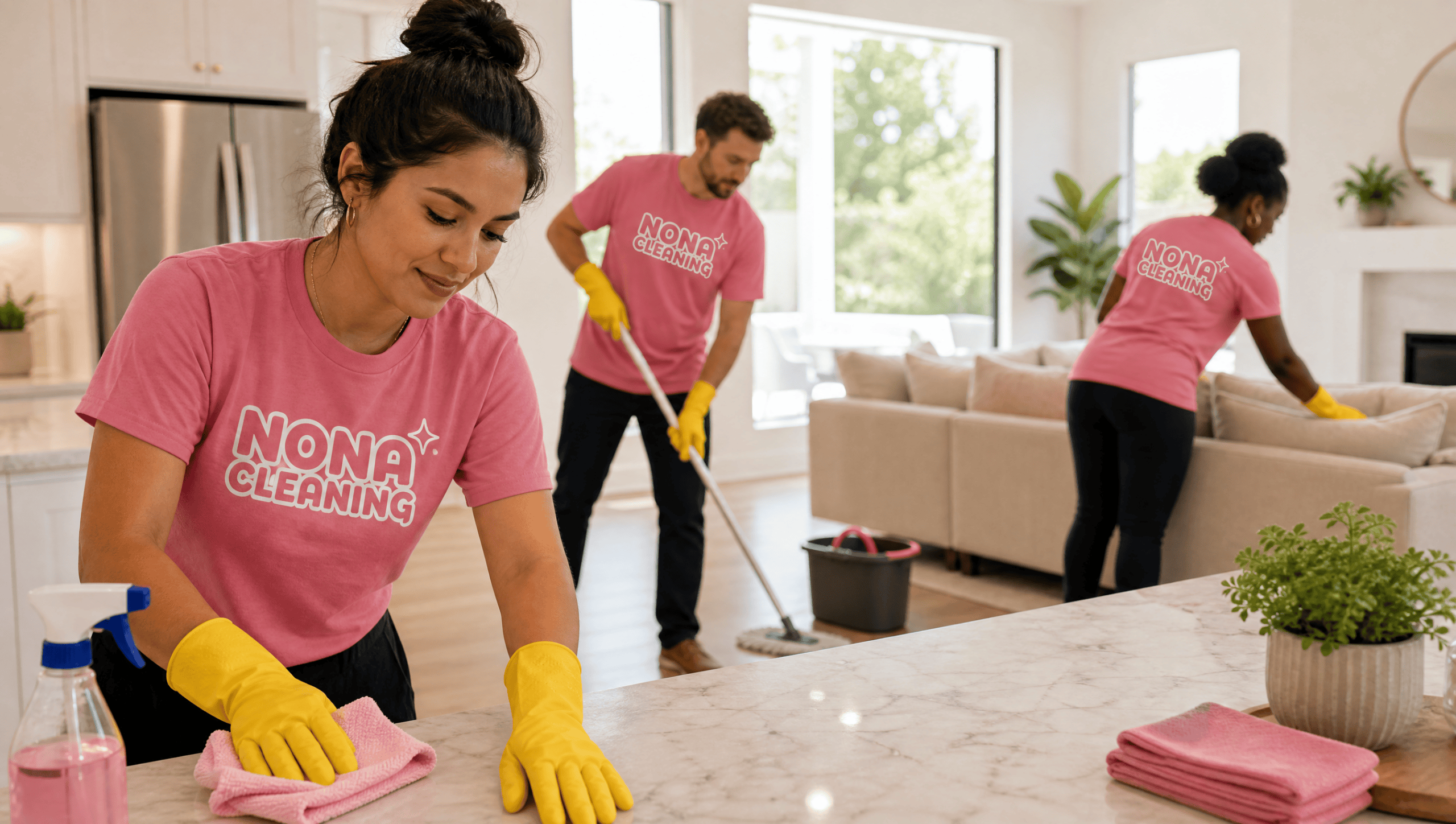 A Nona Cleaning crew of three in pink branded shirts wiping a kitchen counter, mopping the floor, and adjusting sofa pillows