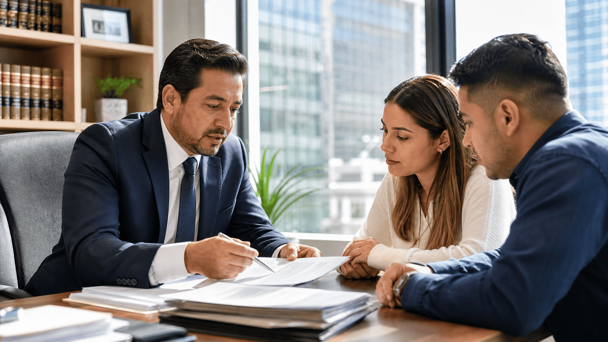Immigration attorney reviewing case files with a client couple