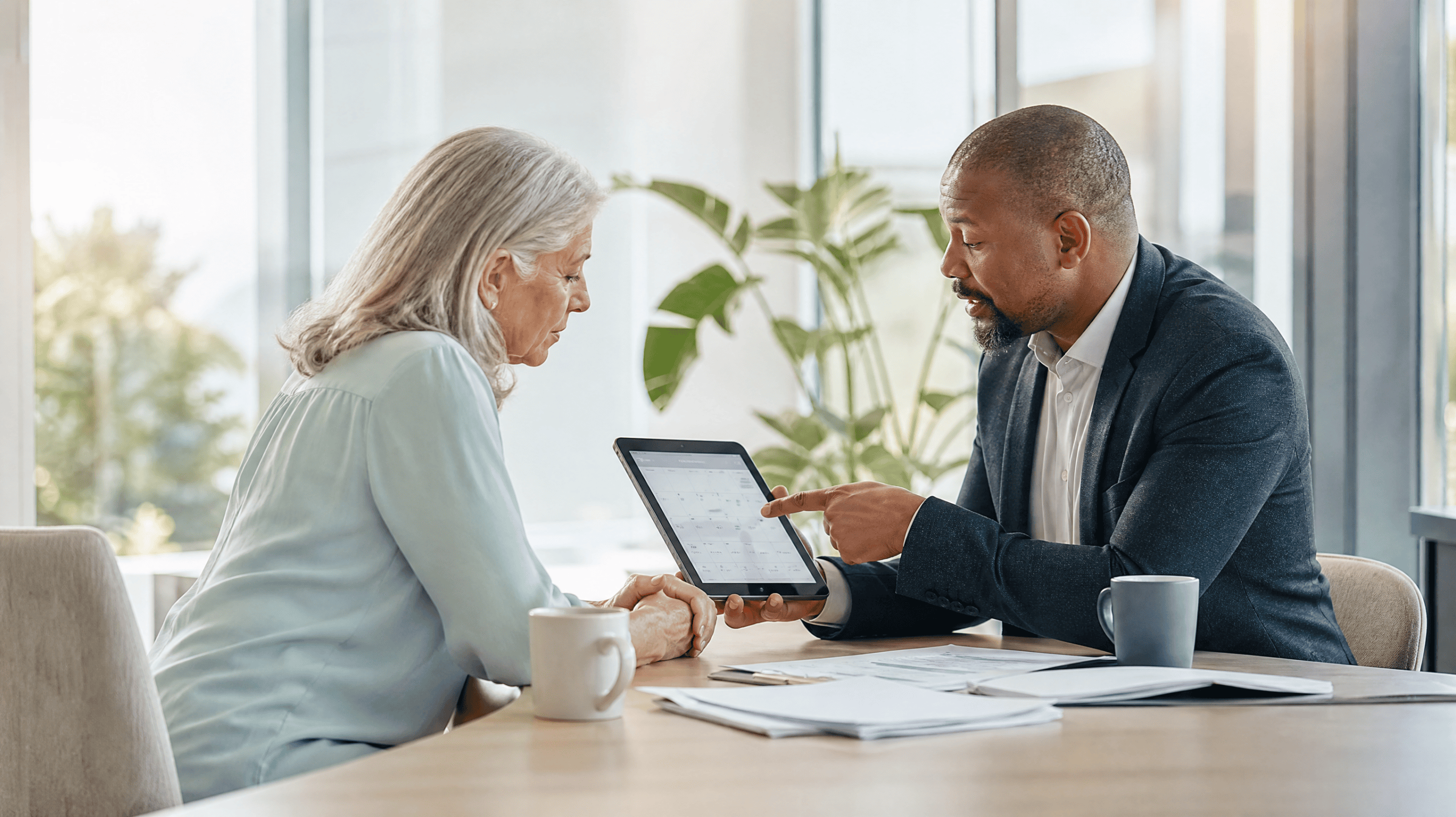 Insurance agent showing a client an appointment calendar on a tablet