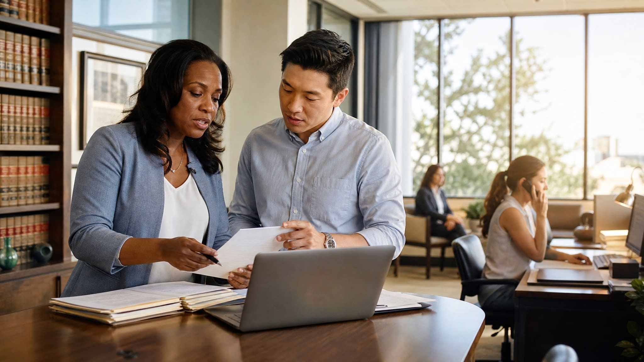 Two attorneys review legal research at a laptop while a colleague takes a client call, illustrating Astra for Law at a law firm