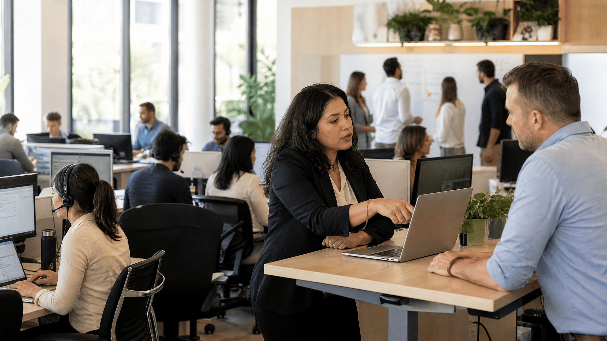 Operations manager talking with a colleague in a busy open-plan office