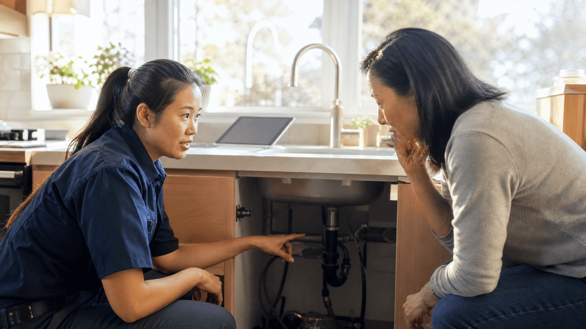 Plumber talking with a homeowner in a modern kitchen