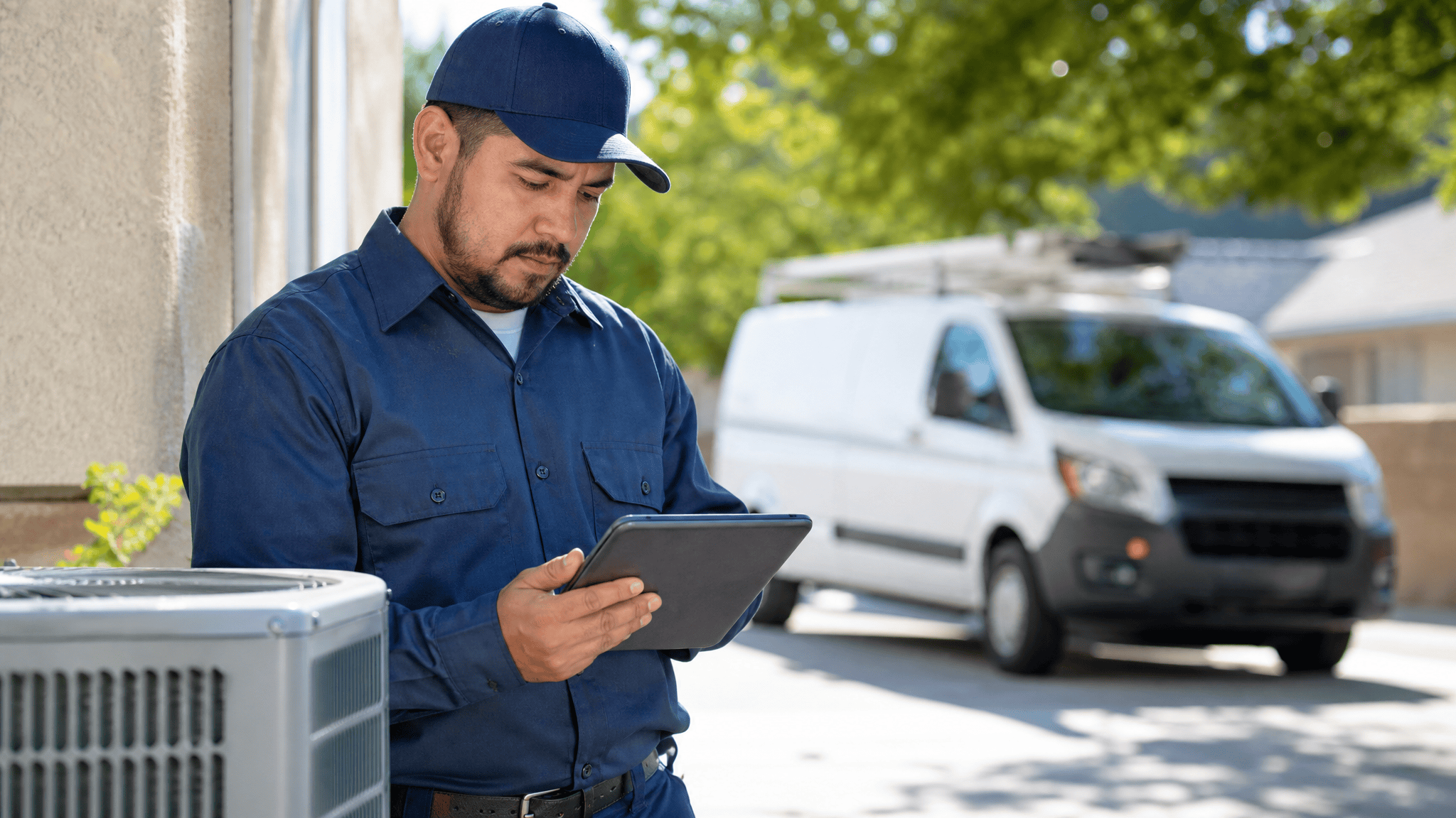 HVAC technician checking a tablet next to a residential unit