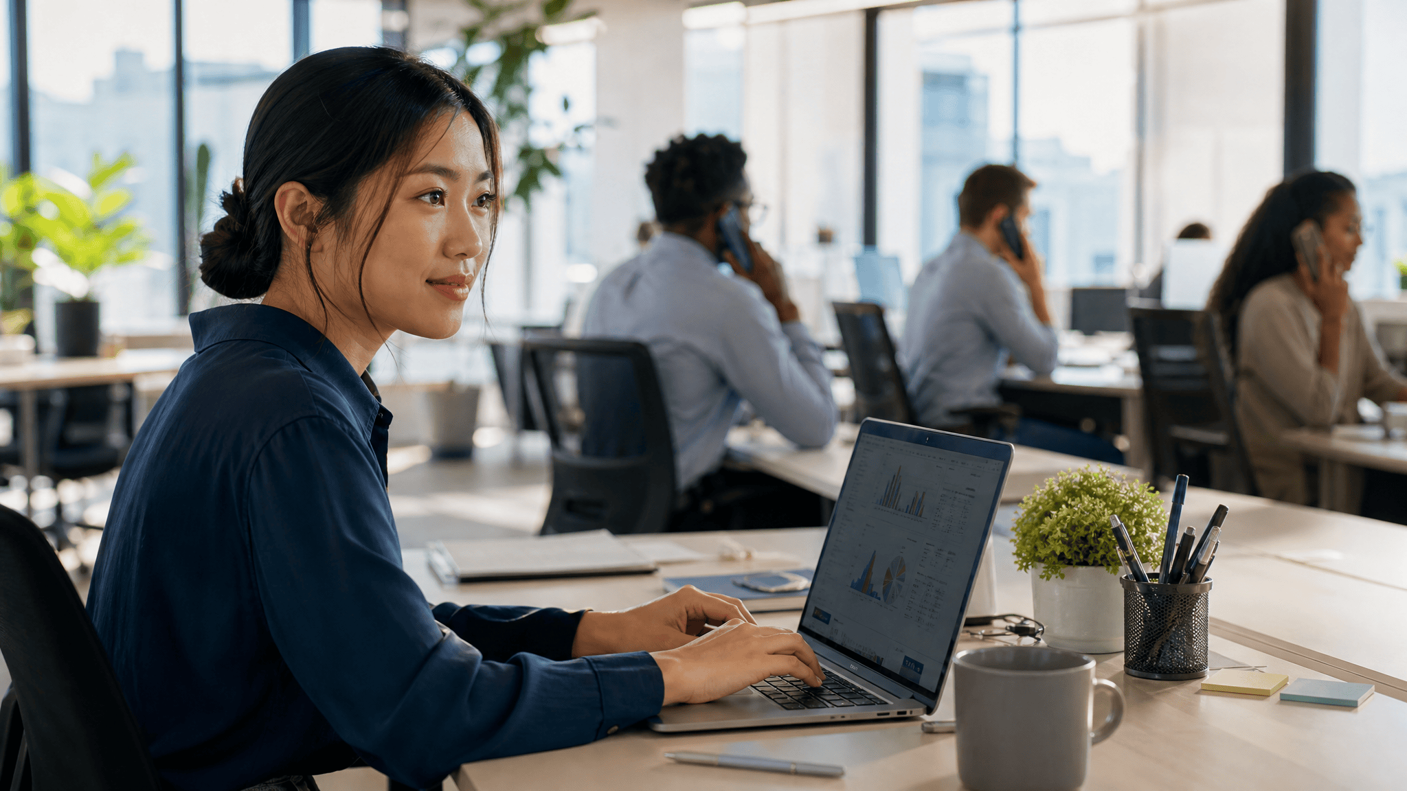 Diverse sales team working at laptops in a bright modern office