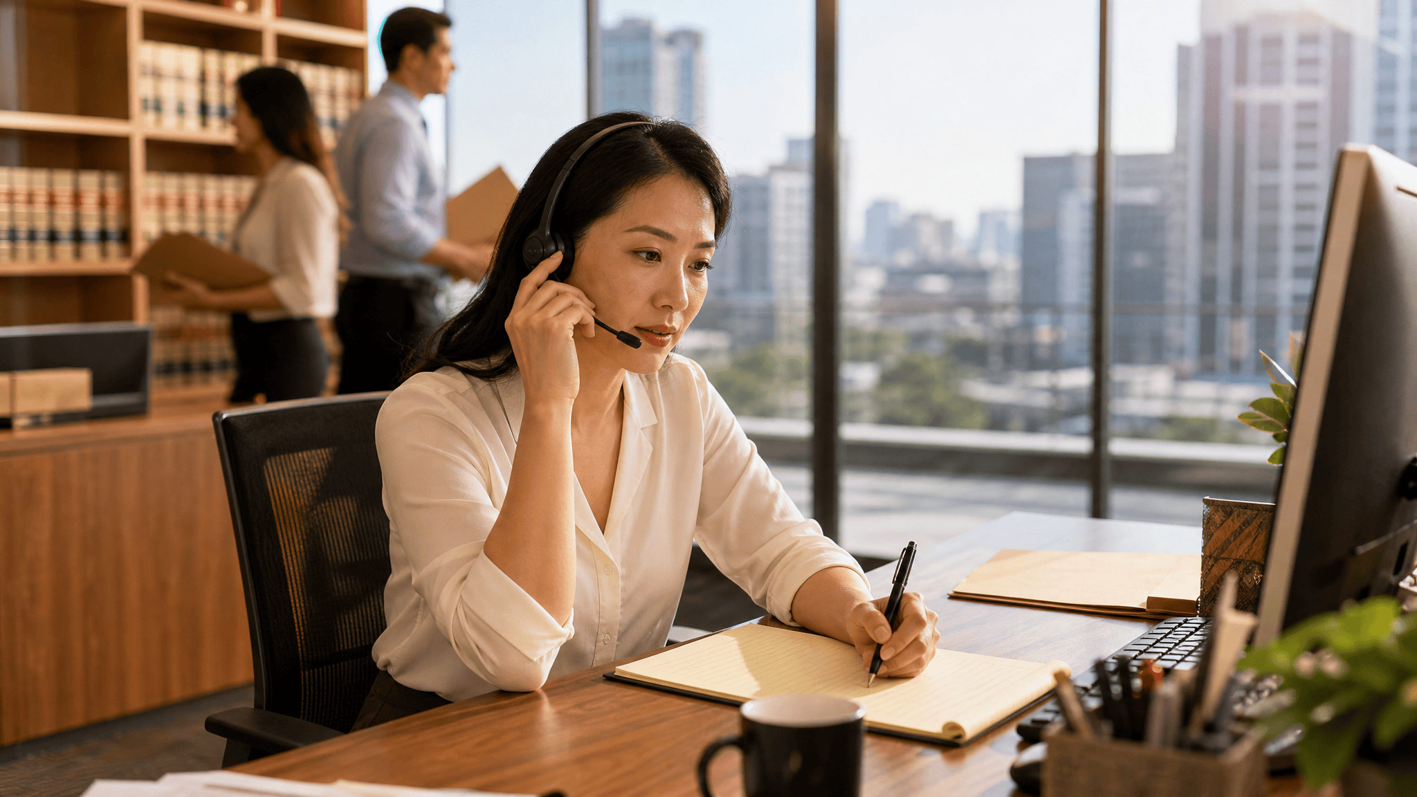 Paralegal at a personal injury law firm taking an intake call by headset