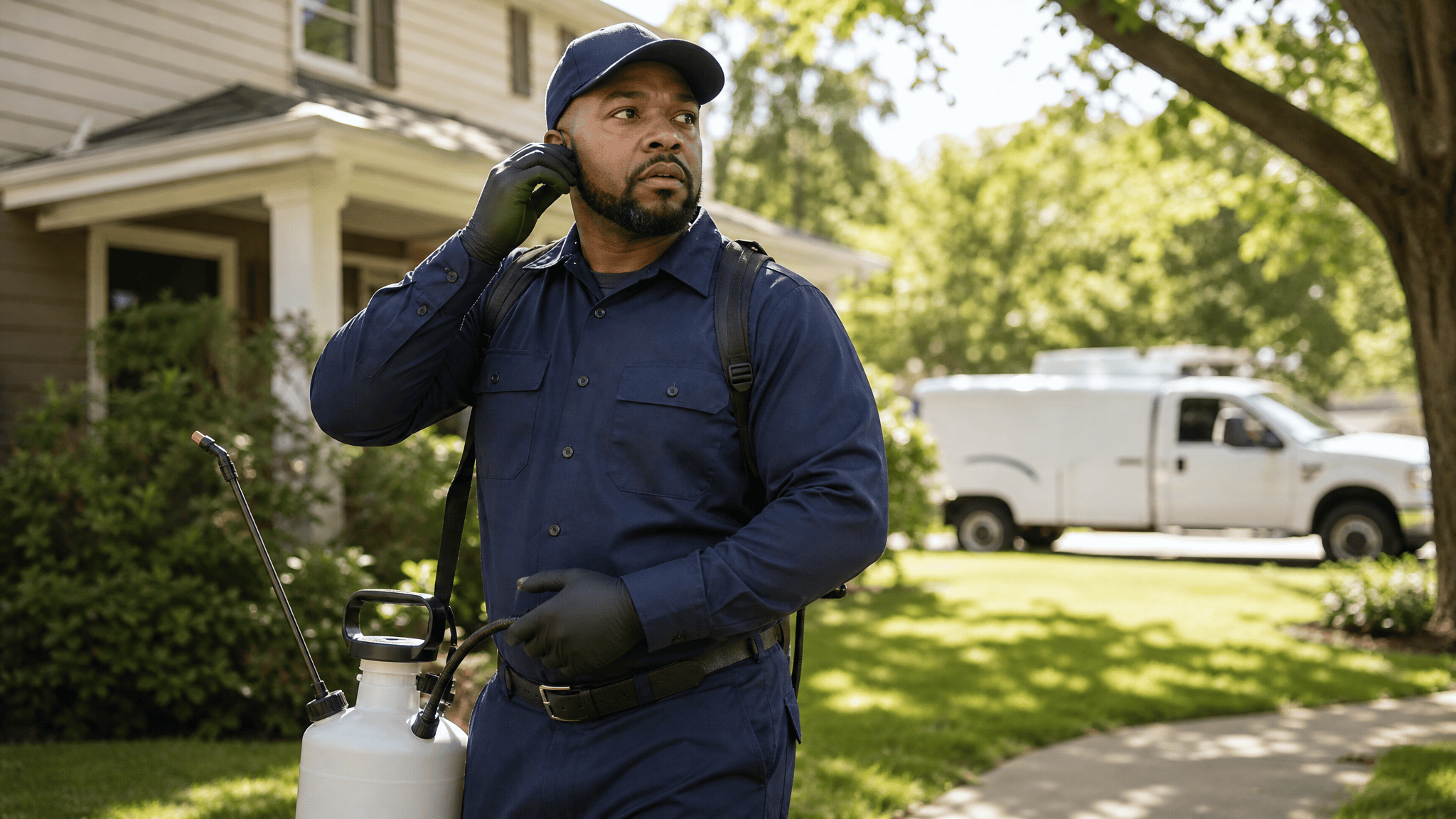 Pest control technician with a sprayer on a home lawn