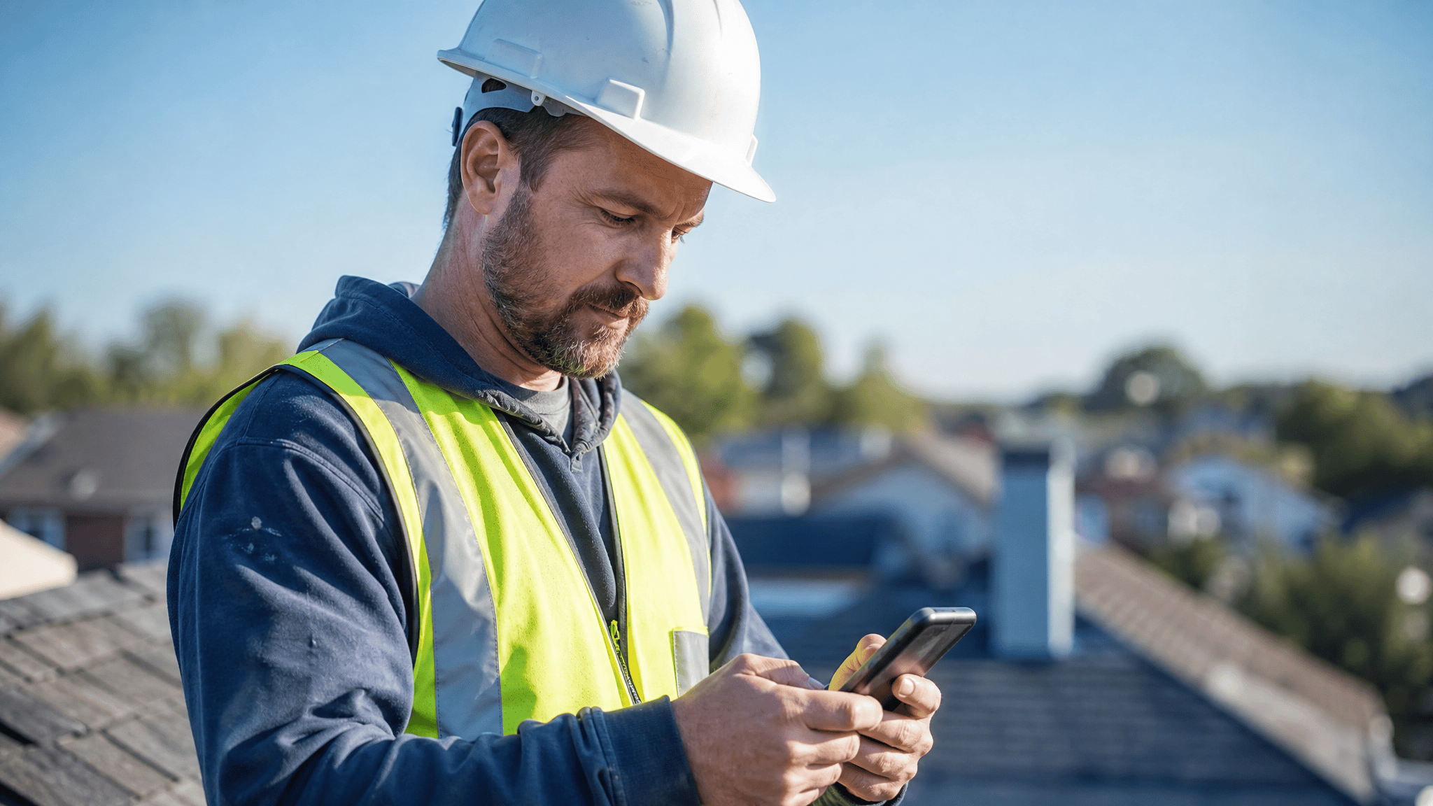 Roofing contractor on a rooftop checking a smartphone