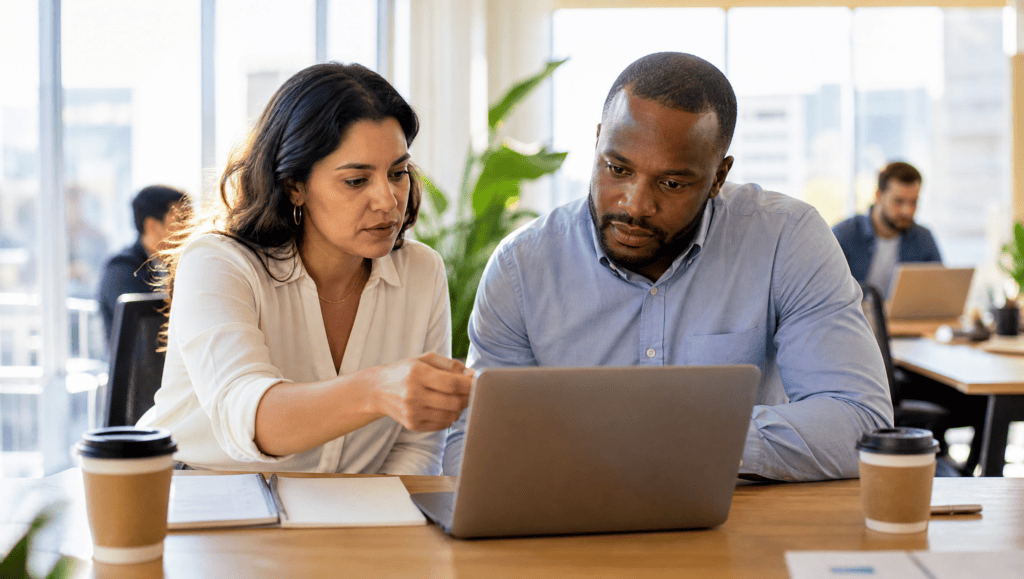 Sales manager and colleague reviewing a lead pipeline on a laptop